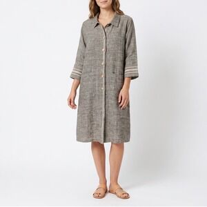 Namsar Grey 100% Linen Button Front Duster Shirt Dress Stripe Detail S/M India
